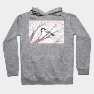 Chickadee in a Cherry Tree Watercolor Illustration Hoodie